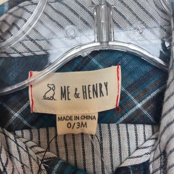 Me & Henry Woven One piece (0-3m) Bodysuit Blue Green Plaid Button Up NWT - Picture 6 of 10